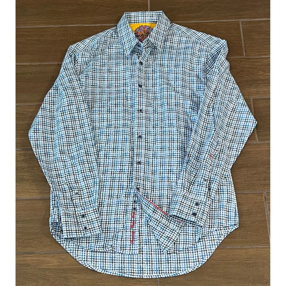 Robert Graham Mens Large Blue Plaid Paisley Jacquard Button Down Shirt L/S L - Picture 2 of 10